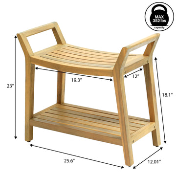 Orla 25.6" Modern Classic Slatted Solid Acacia Wood Indoor/Outdoor Shower Bench with Shelf and Handle